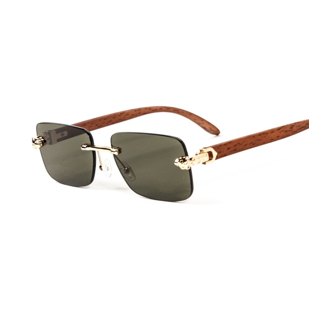 Mens Green Tint Rimless Gold Frame Vintage Wood Buffs Leopard Head Sunglasses - Picture 3 of 6